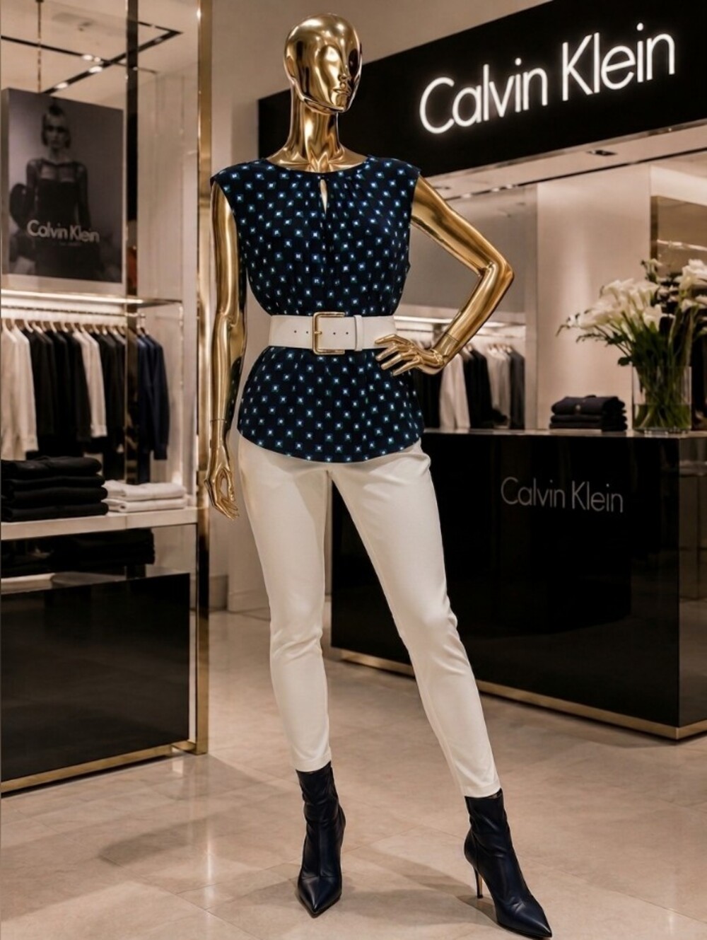 Calvin Klein Navy Square-Print Sleeveless Camisole